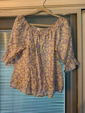 easel Lavender and Pale Yellow Floral Off-Shoulder Ruffle Blouse